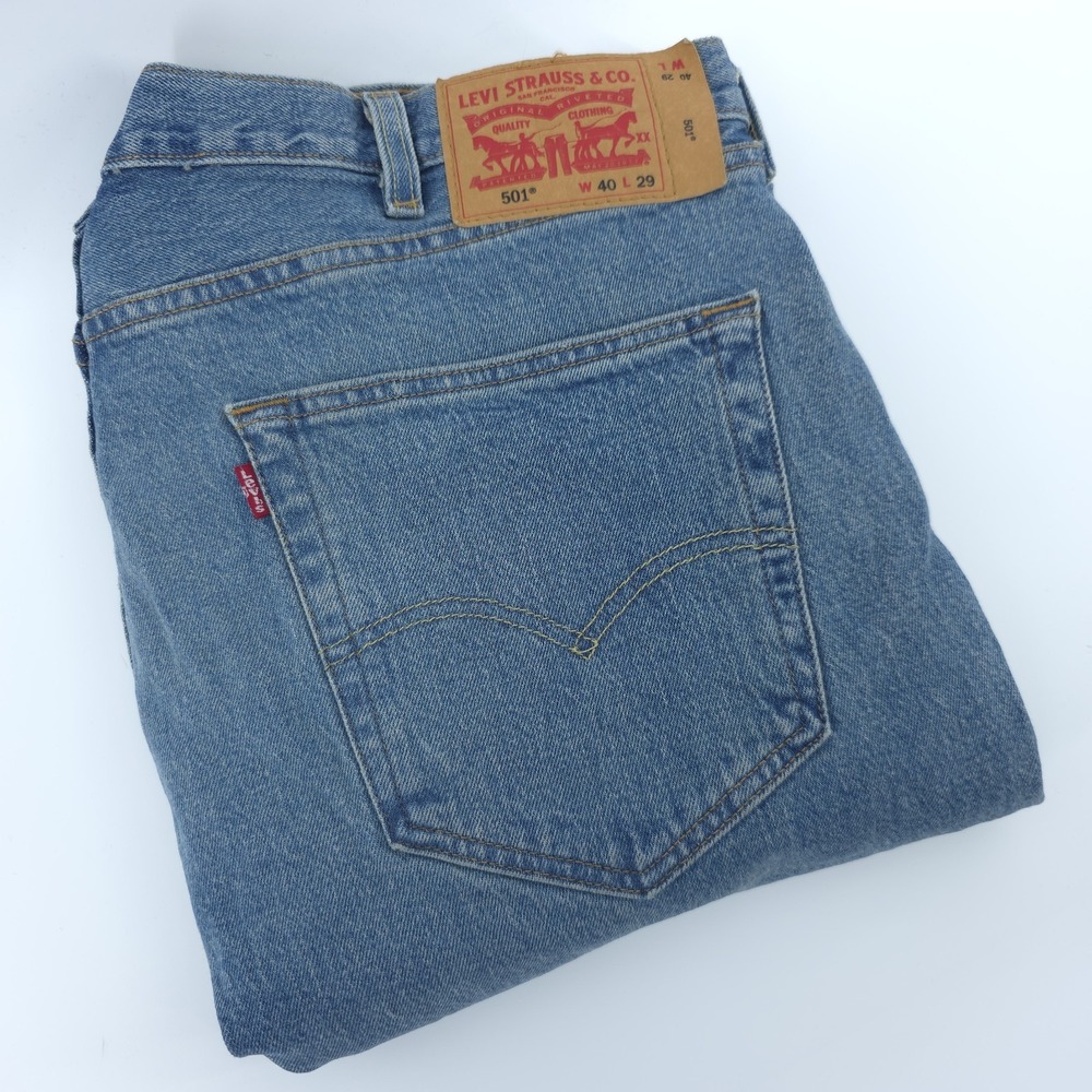 Levis 501 Blue Jeans Mens 40X29‎ Stretch Denim Button Fly Straight Leg ***Flaw